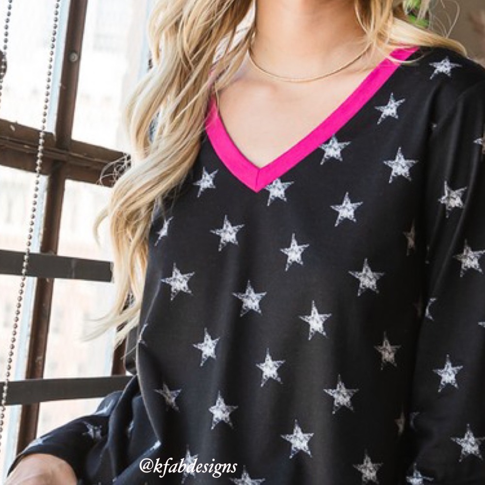 ❤️LAST 1! So Soft! V Neck Hot Pink Contrast Soft Faded Star Top! - Picture 12 of 12
